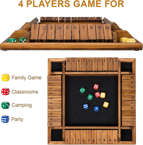1-4 16 Pub12 inches BIVOMON Shut The Box Dice Game Players Wooden Board Table Math Game for Kids Adults, Classic Dice