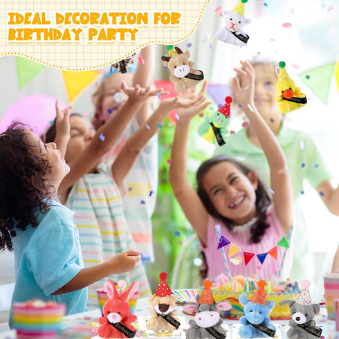 48 Pcs Birthday Mini Animal Plush Toy with Birthday Hats, Stuffed Animal Bulk for Kids, Classroom Reward Gifts