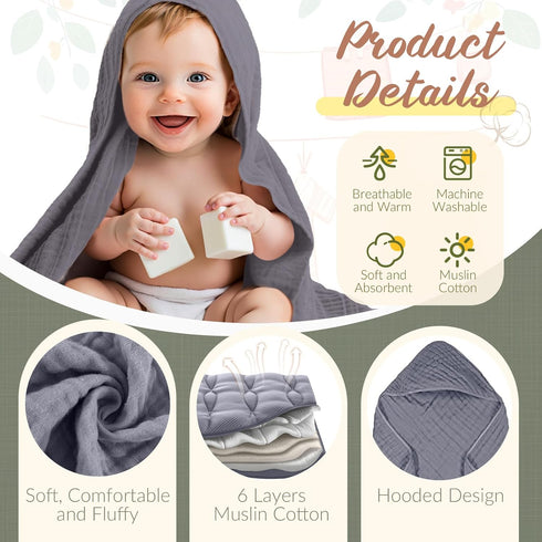 VitalCozy 12 (32 32 Inch,Cool Pcs Baby Muslin Hooded Bath Towels and Washcloths Muslin Cotton Hooded Baby Towels