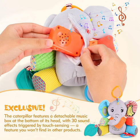 JiffyJolt 0-12 30 Baby Toys Months Elephant with Detachable Touch-Sensitive Sound Box, Sounds, Removable Bib, Teether