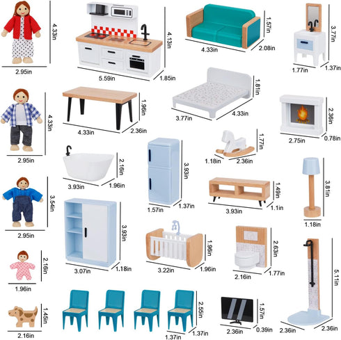 Set 26 4 Set 3+ OOOK Wooden Dollhouse Furniture for Kids, Pcs Dollhouse Accessories with Family Dolls and Dog