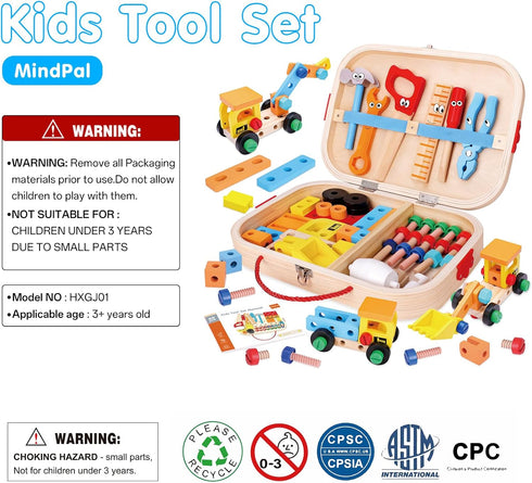 45 Pcs Kids Tool Set, Toddler Tool Box with STEM Construction Educational Toys for Ages 3-7, Wooden Kits