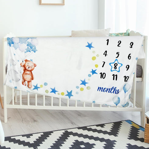 Mindsoft Sleeping Bear Monthly Baby Milestone Blanket Bear Star Balloon Flannel Blanket Boy Newborn Infant Swaddle