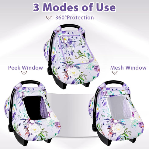 Car Seat Cover Baby Girl, Warm Winter Carseat Cover for Baby, Purple Floral Infant Car Seat Canopy with Peep Window