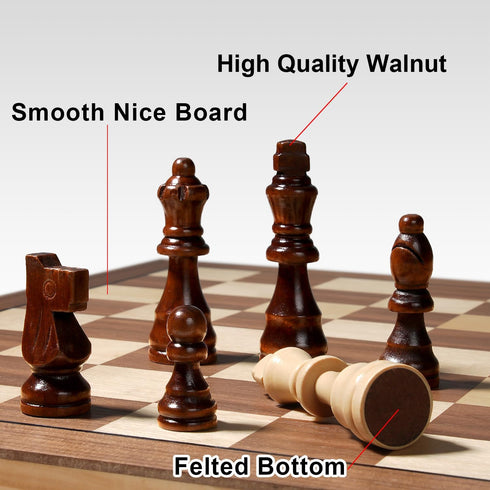 Magnetic Chess Board Set for Adults & Kids, 15" Wooden Folding Chess Game with Pieces Storage Slots