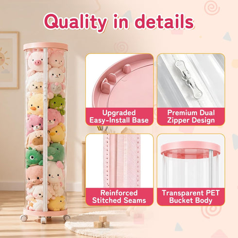 Flarelyare (150cm) 4 Upgraded Stuffed Animal Storage Tube,Tall Plush Organizer with Wheels,Pink PET Clear Bucket