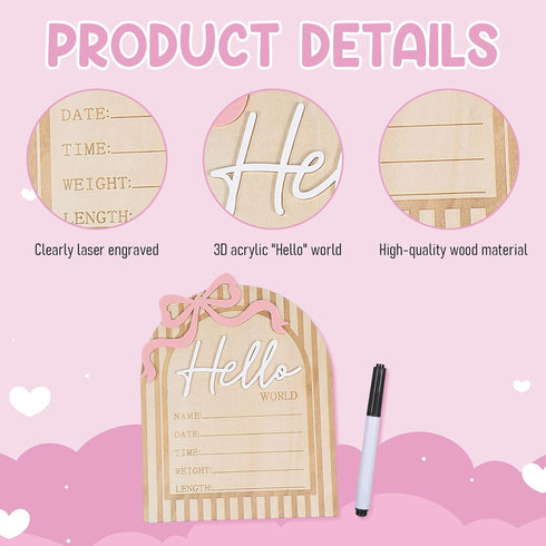 QFGasre 6.9 Inch 3D Wooden Hello Worlds Newborn Signs Baby Announcement Sign Pink Bows Birth Announcement Sign