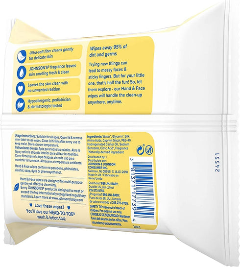 Johnson's Hand & Face Baby Wipes, 25 Count, Pack of 6
