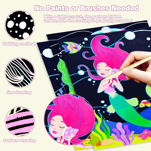 BAOXUE Scratch Art for Kids, Mermaids Black Rainbow Scratch Paper Set for DIY Activity and Party Games