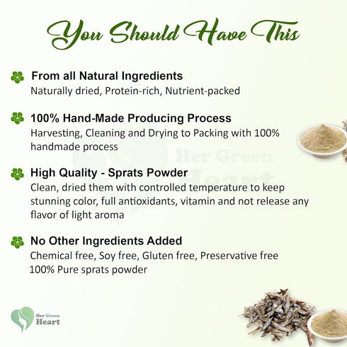 HER GREEN HEART 100% Sprats Powder - Pure Dried Sprats, Natural Seafood Powder for Cooking, Seasoning, and Recipes