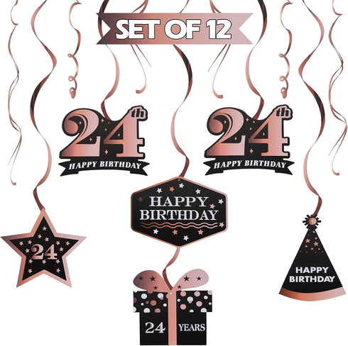 LINGTEER Happy 24th Birthday Decorations, 12Pcs Black & Rose Gold Swirls Streamer Set for 24 Years Old Bday Party