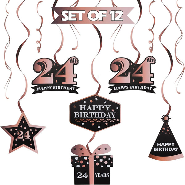 LINGTEER Happy 24th Birthday Decorations, 12Pcs Black & Rose Gold Swirls Streamer Set for 24 Years Old Bday Party