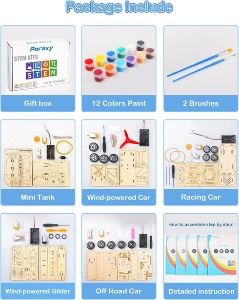 Poraxy STEM Kits for Kids Age 8-10 - 5 Set Wooden Model Car Kits, Educational Crafts Building Projects