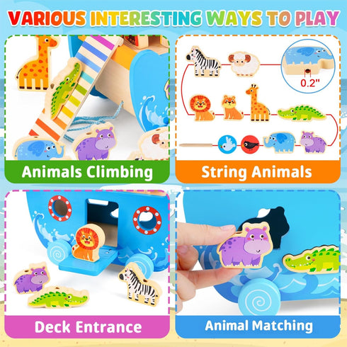 2 3 4 2-4 Toddlers Noah's Ark Toys with Wooden Animal Shape Sorters, Baptism Gifts for Girls Boys Years Old, Montessori