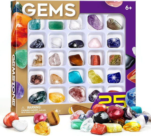 Byncceh Rock Collection Box for Kids - 25 Unique Gemstones Educational Science Kit, Great STEM Gift
