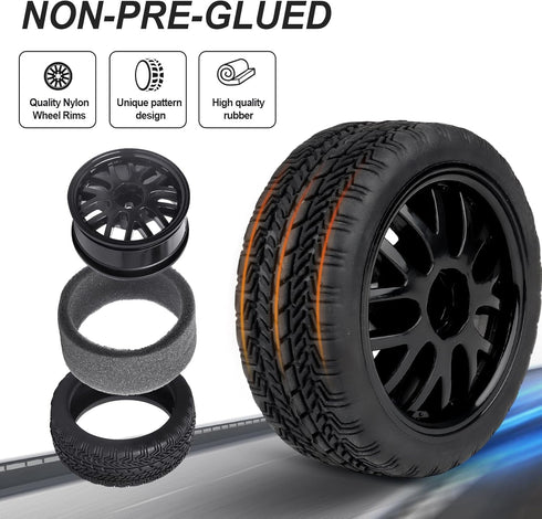 Hobbypark 4-Pack Rubber Tires & Wheels, OD 2.56'' for 1/10th Scale RC Touring Car