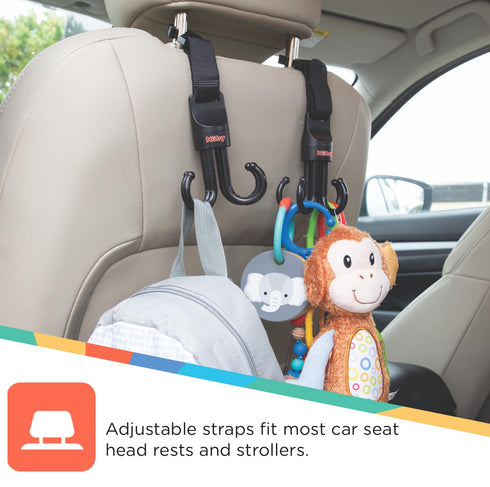 Nuby 2-in-1 Deluxe Adjustable Baby Stroller & Car Seat Hooks, 2 Pack, 8 Hooks Total, Black
