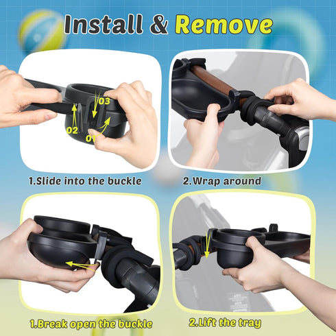 Universal Snack Tray for Stroller, Cup Holder Tray with Flexible Silicone Arm Gripper, Stays in Place Tray Attachment