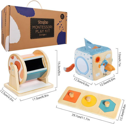 Montessori Toys for Babies 6-12 Months - 3 in 1 Play Kit with Spinning Drum, Tissue Box Toy, and Peekaboo Puzzle