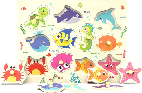 Wooden Peg Puzzle, Sea Creature Chunky Baby Puzzles, Colorful Wood Shape Puzzle