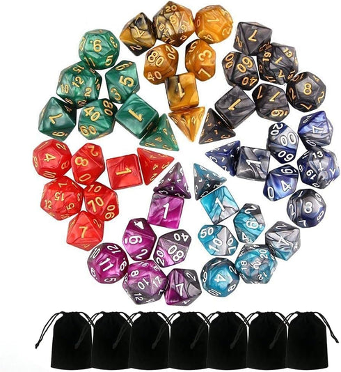 49 Pieces DND Dice Set - Polyester D&D Dice with 7 Pockets, 7 Sets for RPG DND MTG (D4, D6, D8, D10, D12, D20)