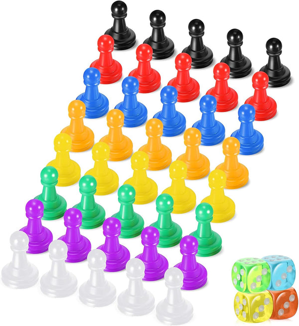 Zhanmai 40 Pieces Multicolored Plastic Chess Pawn Pieces and 4 Solid Color Round Corner Dice for Board Games