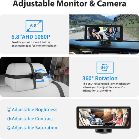 Itomoro 6.8 inch 1080P 2 Baby Car Camera Dual-Channel HD Display with IR Night Vision, Baby Car Mirror Easily Install
