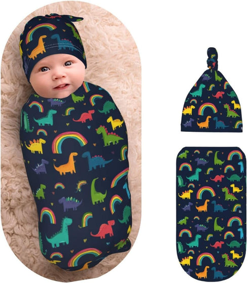 Nanyizly Cute Simple Cartoon Dinosaurs Newborns Beanie Swaddle Blanket Set Baby Receiving Blankets