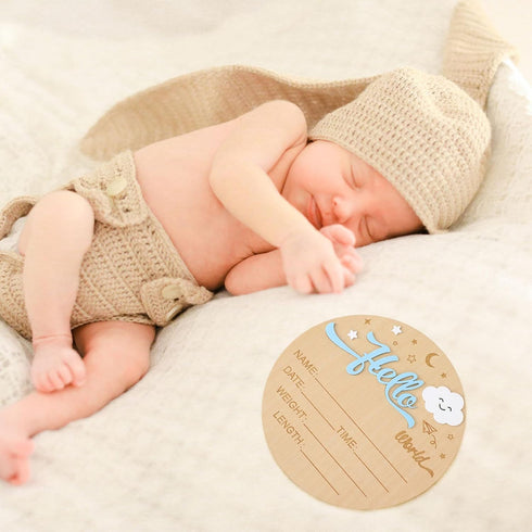 Penitue 5.9in Newborn Welcome Signs, Round Wooden Moon Clouds Hello World Newborn Birth Announcement Sign Photo Props