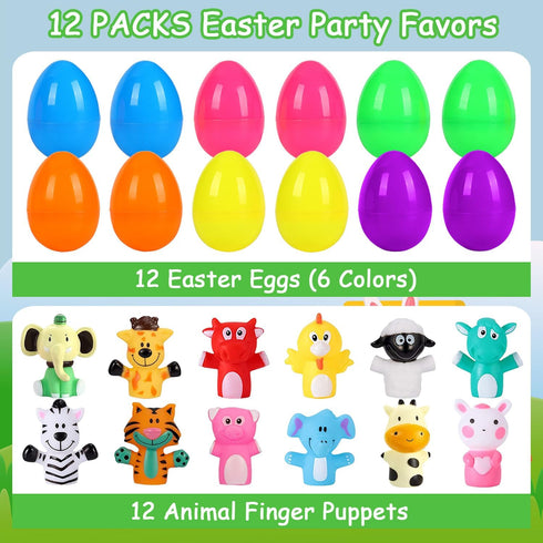 12 Pack Easter Eggs Prefilled with Animal Finger Puppets, Easter Basket Stuffers Plastic Easter Eggs Fillers Surprise