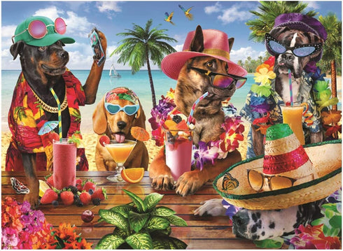 Anatolian Puzzle - Dogs Drinking Smoothies on a Tropical Beach -1000 Piece Jigsaw Puzzle #1102, Multicolor