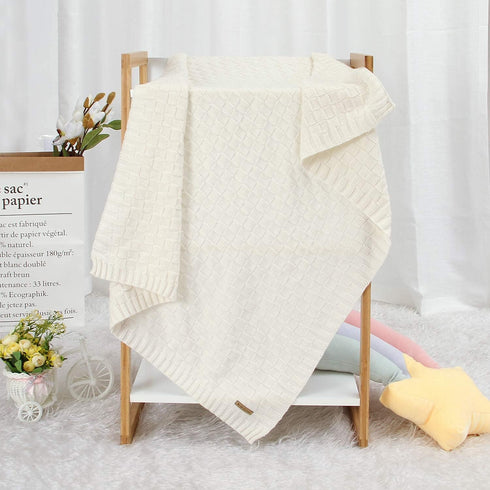 LAWKUL Knit Baby Blankets, White Cable Newborn Receiving Blanket, Soft Swaddle for Crib Stroller, 40"x30"