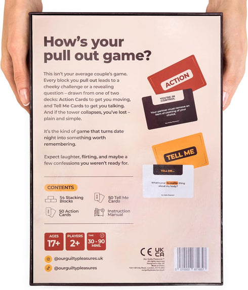 100 50 50 Our Guilty Pleasures The Pull Out Game - Flirty Date Night Game for Couples, Romantic Block Tower with Cards