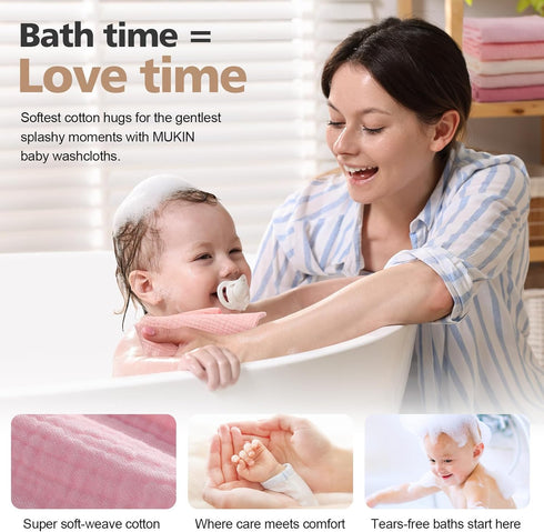 5 Pack, 12x12 Inches MUKIN Baby Washcloths,Muslin Burp Cloths Towels for Newborns,Absorbent Cotton Bath Face Towel