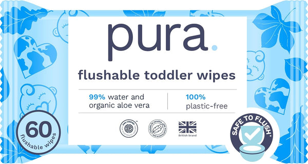 Pura Flushable Toddler Wipes 1 x 60 Wipes, 100% Plastic Free, 99%