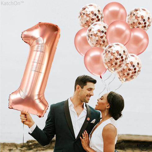 KatchOn Giant Rose Gold 1 Balloon Set - 40 Inch, First Birthday Decorations for Girl, Number One Balloon, Rose Gold