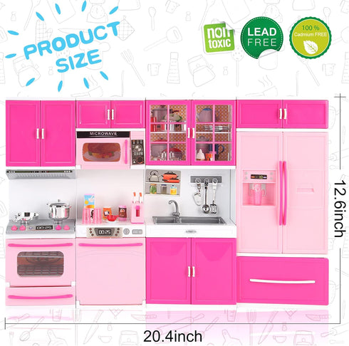 Doll Kitchen Playset for Kids - My Modern Mini Kitchen House with Realistic Lights & Sounds (4-in-1)