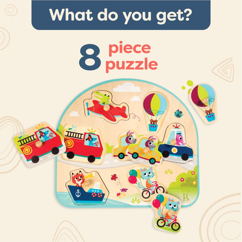B. toys Vehicles On The Go! Wooden Peg Puzzle, Educational Puzzle for Toddlers, 7 Chunky Pieces