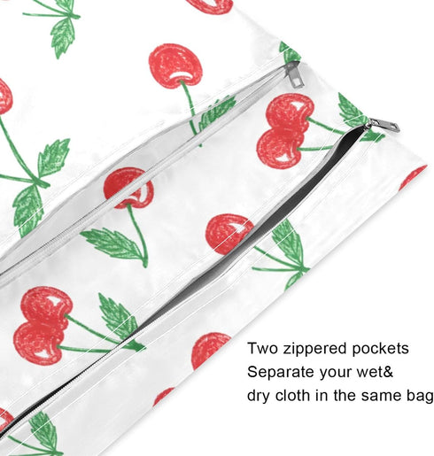 Burbuja 2 Pack, 2 Cherry Wet Dry Bags for Baby Cloth Diaper Waterproof Reusable Wet Bag with Zippered Pockets