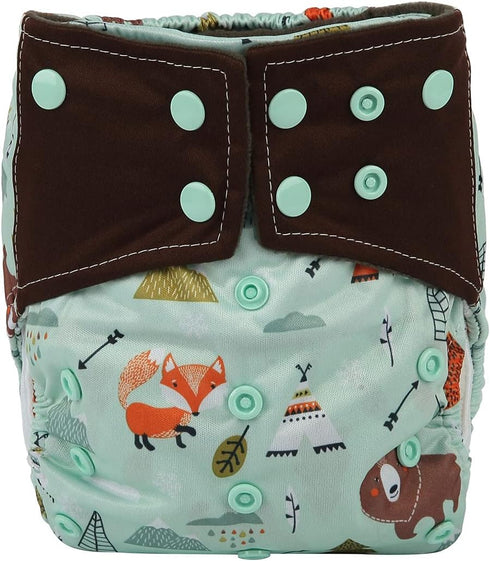 Sigzagor 3 AIll in One Cloth Diapers Nappies for Night AIO Sewn in Insert Reusable Washable (Whales Foxes)