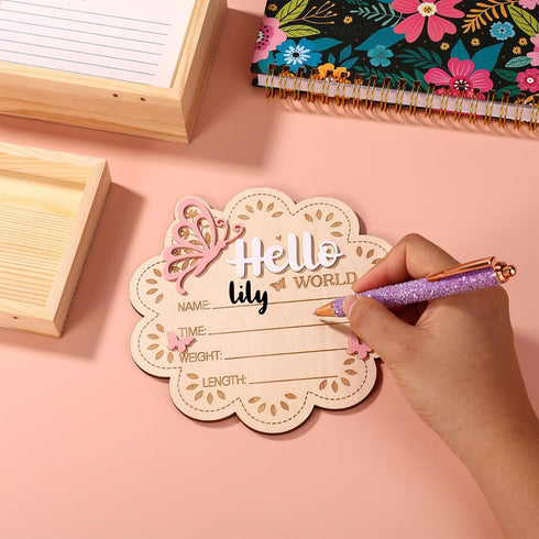 Penitue Wooden New Baby Birth Announcement Plaque, Flower Shape Hello World Sign Newborn Arrival Board Welcome Plaque