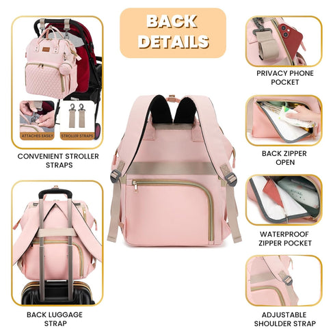 Backpack 35L ROSEGIN Pink Diaper Bag for Baby Girls - Baby Shower Gifts for Mom, Quilted Diaper Bag with Changing Pad