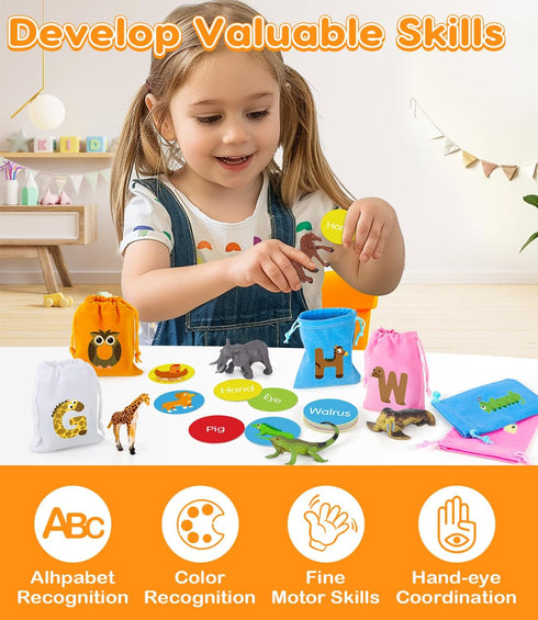 Set 104 26 Alphabet Learning Toys for Toddlers, Word Work Small Group with Phonics Flash Cards and Animal Figurines