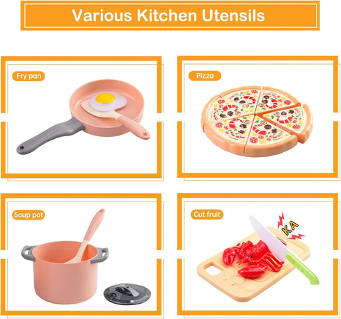 Funpynani 80pcs Set Playset Pretend Play Kitchen for Toddlers, Kids Cookware