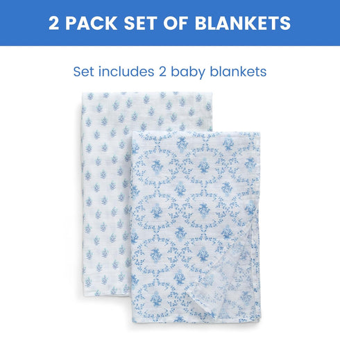 Delta Children 100% Cotton Muslin Baby Receiving Blankets 47x47 Inches, Pack of 2 Blue Botanicals