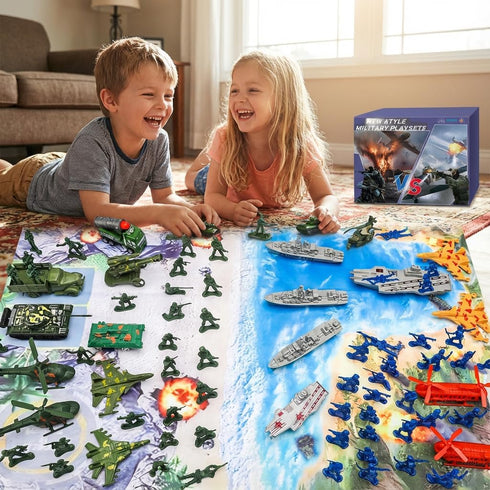 Playset Set 4-12 Army Men - Large Including Army Men Action Figures, Battle Mat, Army and Navy Weapon Gear Accessories