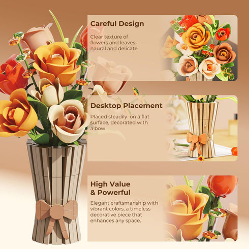 Store Set 868PCS Bagari Roses Bouquet Building - Artificial Flowers Building Blocks with Vase, Compatible with Lego Kit