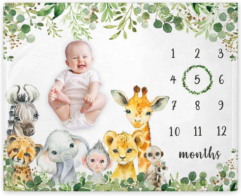 Safari Animals Milestone Blanket, Jungle Baby Growth Chart Monthly Blanket, Watch Me Grow for New Moms Baby Shower