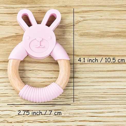 Personalized Wooden Bunny Silicone Teething Ring, Custom Engraved Bunny Silicone Teether with Name Teething Toys