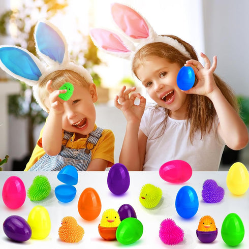 12 Pack Easter Eggs Filled with LED Chick Puffer Balls, Easter Basket Fillers with Light Up Stress Relief Fidget Toys